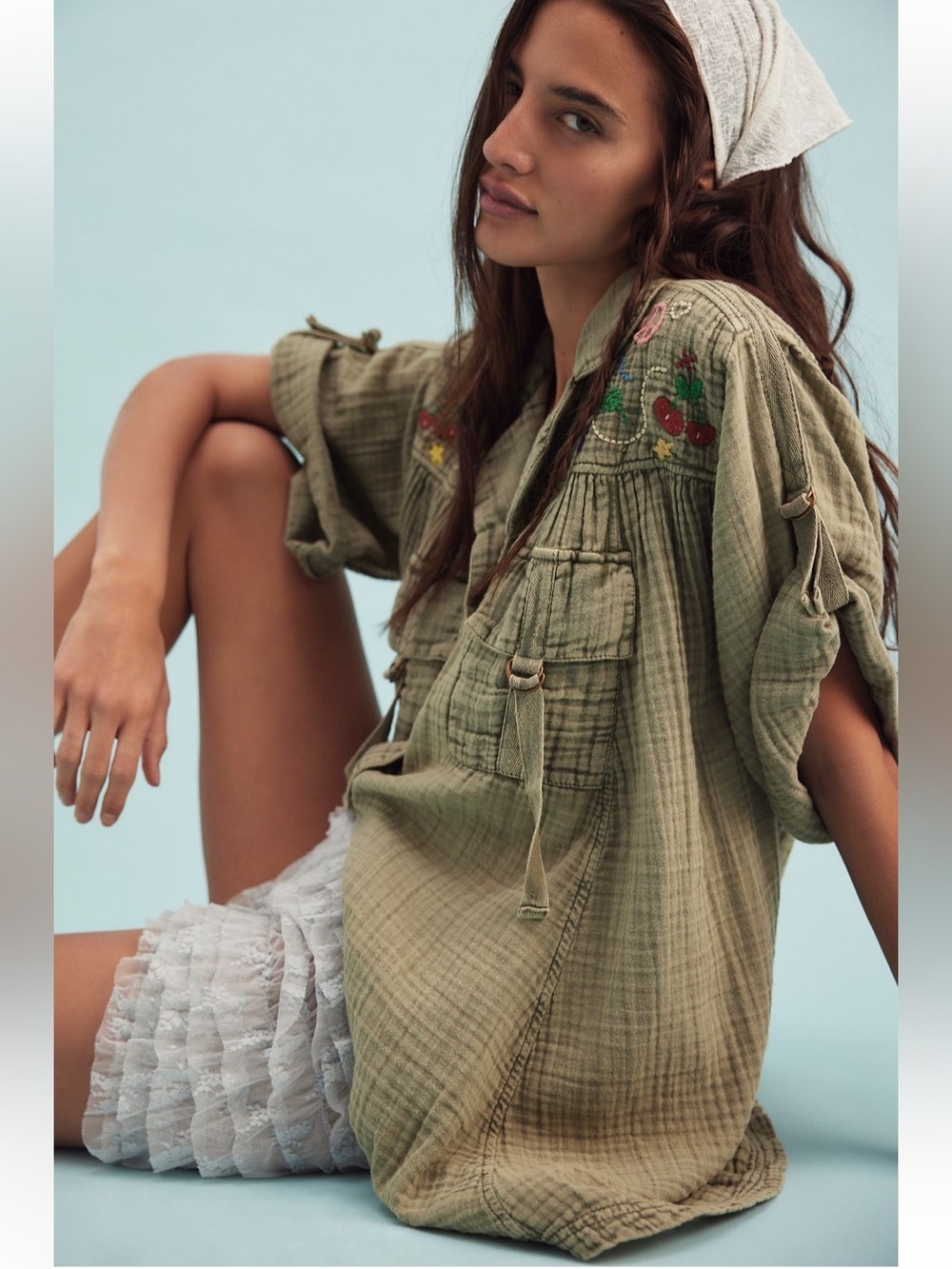 Free People Olive Green Embroidered Gauze Tunic - Picture 3 of 8